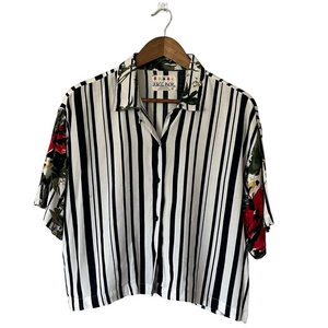 Vintage Juke Box Short Sleeve Top Striped Black and White Rayon Floral Size L